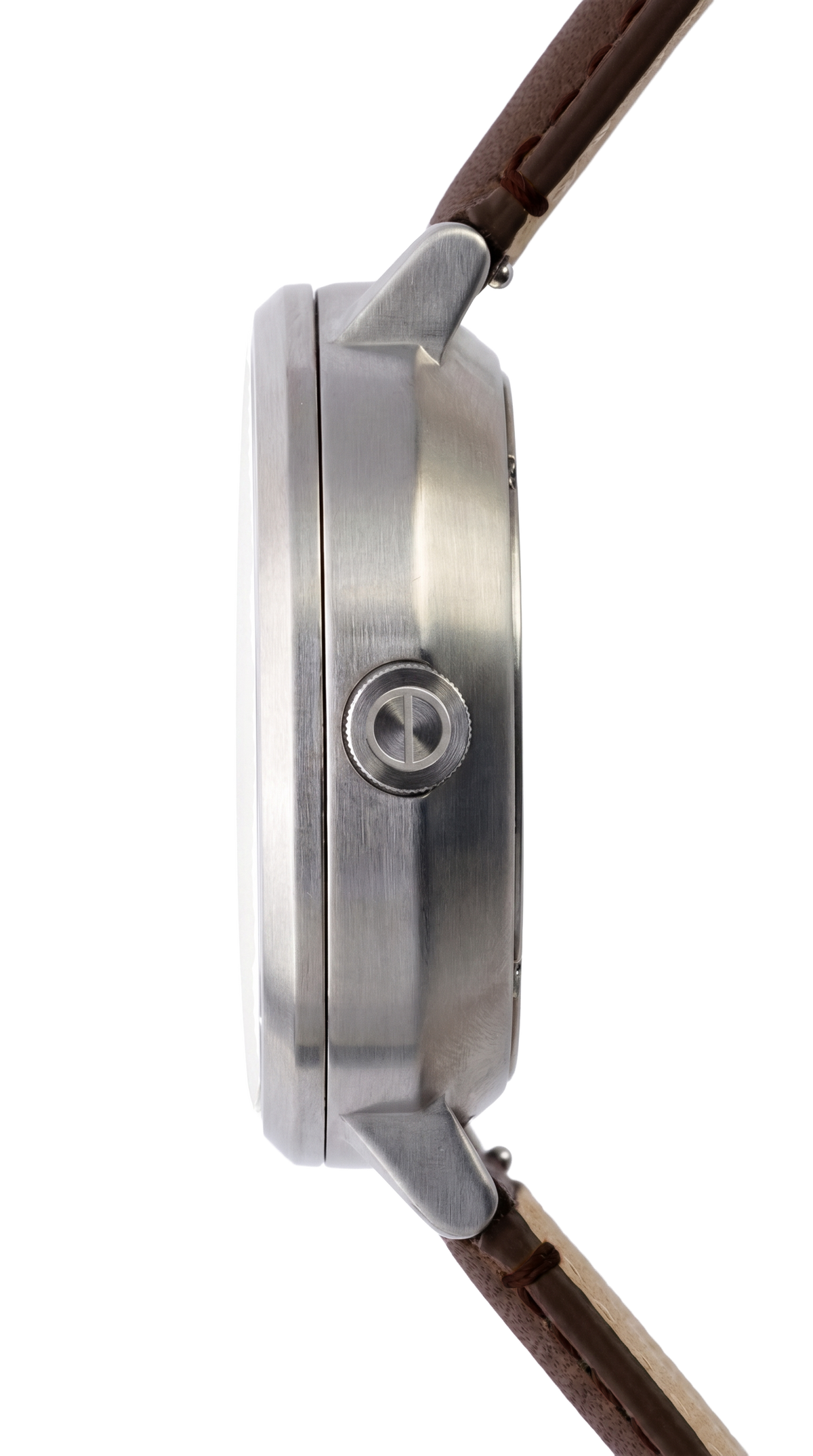 Close-up side profile of a brushed stainless steel watch case with a brown leather strap and Jacob Jensen logo on the crown.