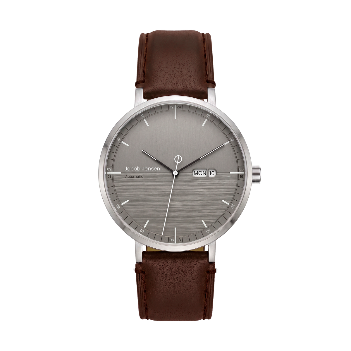 Jacob Jensen automatic watch with a brown leather straps stainless steel case, and a textured gray dial featuring a day and date display. 
